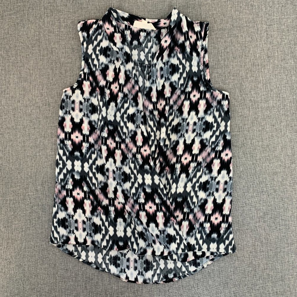 Pink Rose Blouse V-Neck Small Sleeveless Top Black White Pink